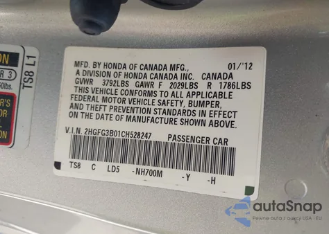 2012 Honda Civic Ex из США, поврежденный, VIN 2HGFG3B83CH567539